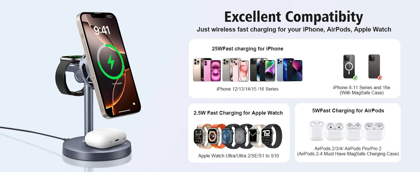 25W Wireless Charging Station with Cooling Fan QI2.2 Wireless Charger Stand for iPhone 17/16/15/14/13/12, Apple Watch, AirPods