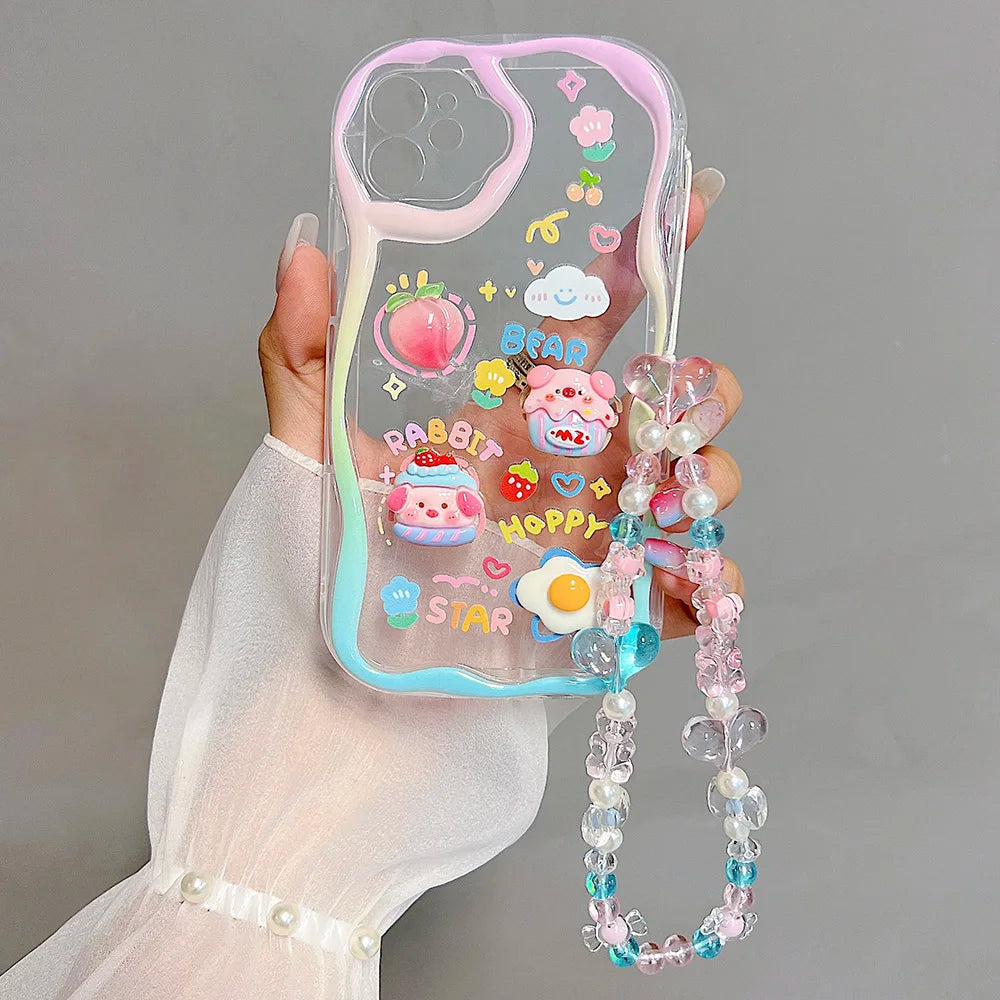 Cute 3D Pig Bracelet Wrist Chain Lanyard Clear Soft Phone Case For iPhone 17 16 13 14 15 Pro Max 11 12 XR XS X 7 8 Plus SE Cover