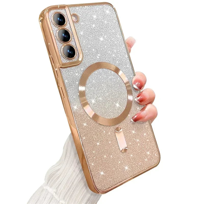 Glitter Magnetic Case For Samsung Galaxy S26 S24 Ultra S23 S22 S21 Plus S20 FE A56 A55 A36 Plating Wireless MagSafe Bright Cover