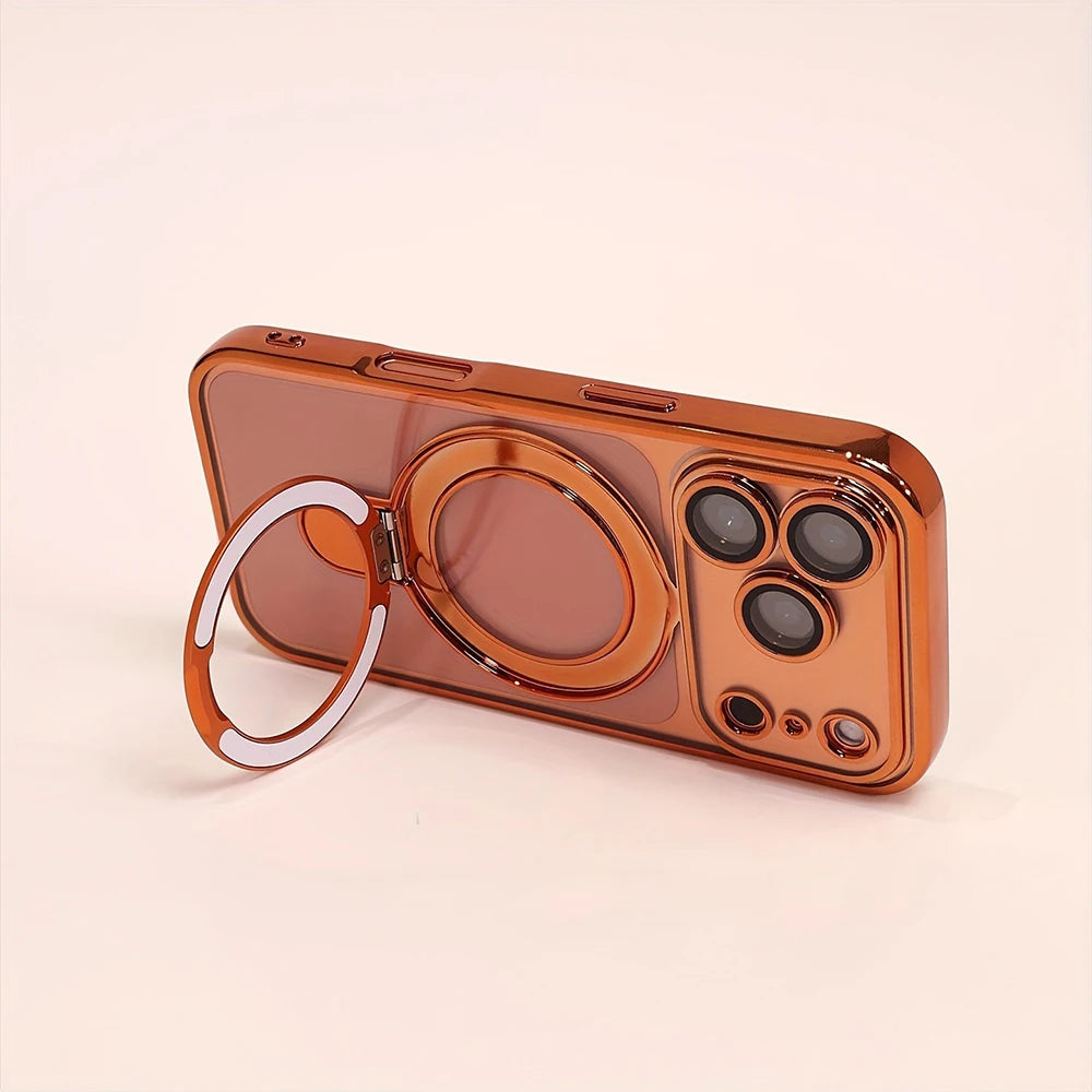 Luxury Plating Magnetic Bracket Phone Case For iPhone 17 16 15 14 13 Pro Max 17Pro Cases For Magsafe Stand Holder Clear Cover