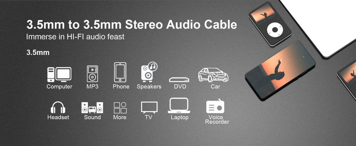3.5mm PVC Jacket Aux Cable Audio Auxiliary Input Adapter Male to Male Cord for Headphones Car Home Stereos Speaker iPhone iPad