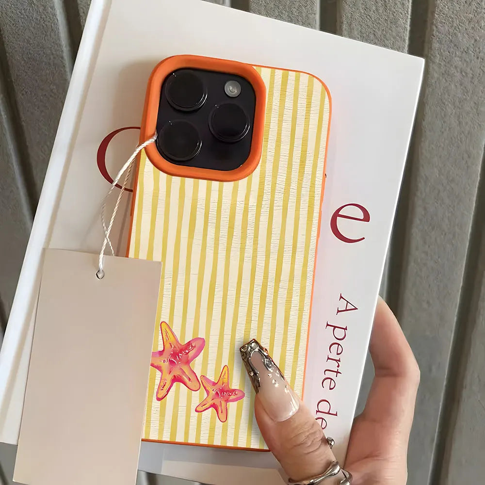 Cute Starfish Stripe Pattern Lychee Soft Phone Case For iPhone 11 12 13 14 15 Pro 16 17 Pro Max 15 14 Plus 17 Air X Xs XR Cover