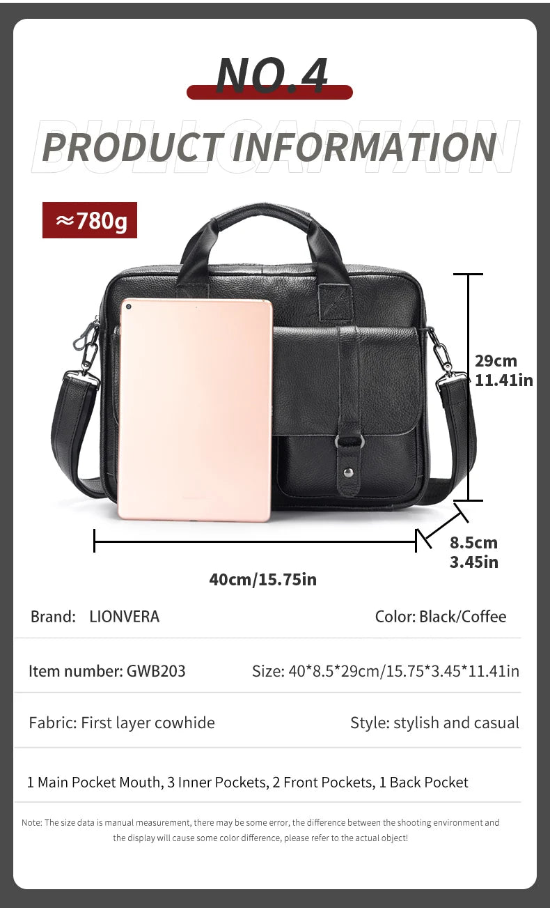 LION VERA Men's Genuine Leather Briefcase Business Casual Commuting Bag Portable Crossbody Shoulder Bag 15.7-inch Laptop Bag