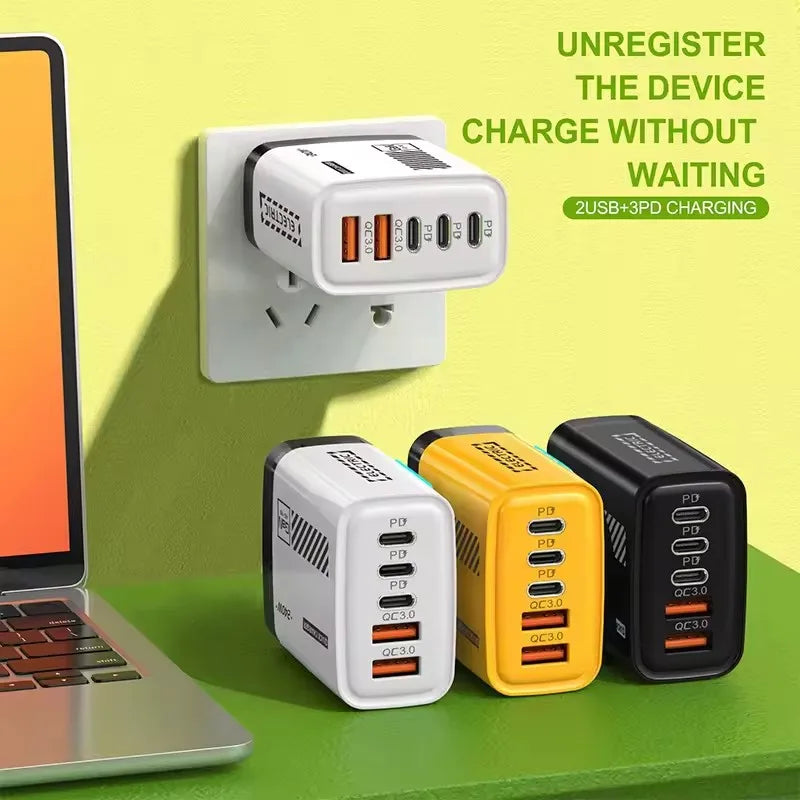 240W QC3.0 PD 5 Ports GaN Fast Charger US/EU Plug Phone Charging Head Adapter with LED Light for iPhone Samsung Huawei Xiaomi