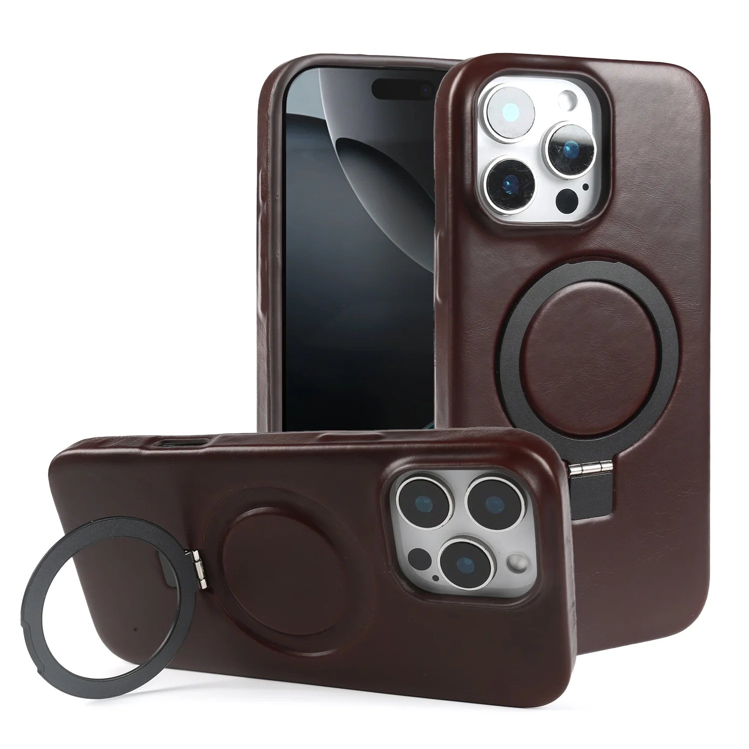 Stand Bracket Genuine Leather Case For iphone 16 Pro Max 16e 15pro 14 13 12 11 Full Wrapped Phone Cases Cover+Magnetic Holder