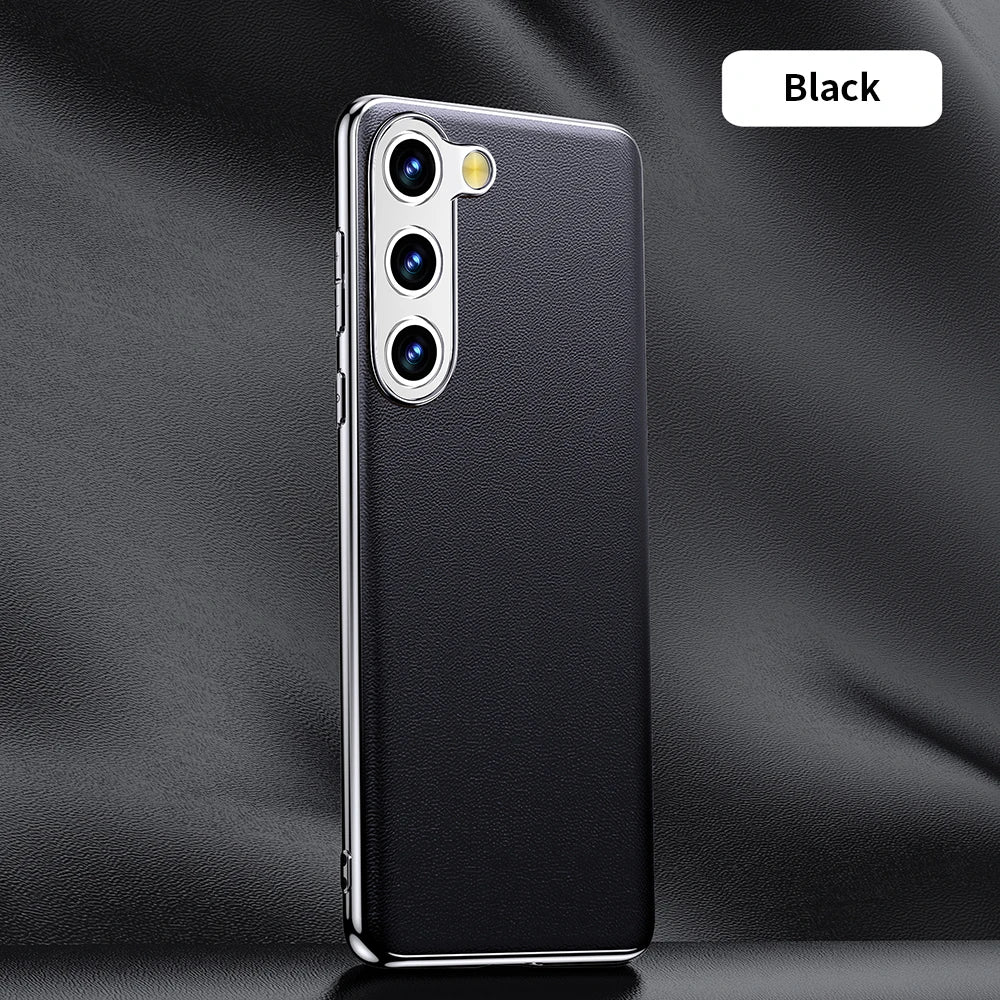 Genuine Cowhide Leather Phone Case for Samsung Galaxy S25 S24 S23 Ultra S22 Plus S21 Note 20 Plating Shockproof Protector Cover