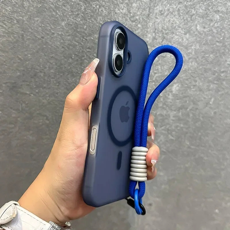 for Magsafe Candy Color Contrast Lanyard Case for iPhone 16 15 14 11 12 13 Pro Max Plus 16e Hand Wrist Strap Matte Soft Cover