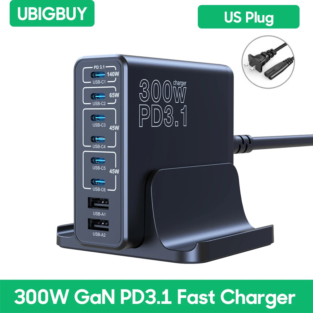 Ubigbuy 300W USB C Fast Charger Multi Port GaN 140W PD 3.1 Charging Station PPS 100W 45W for MacBook Pro M2 iPhone 15 14 Galaxy