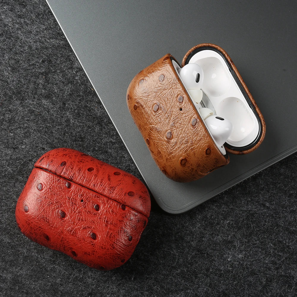 Luxury Ostrich Grain Leather Case For Airpods Pro 2 Cases airpods4 3 Wireless Bluetooth Headphone Earphone Box Protective Cover