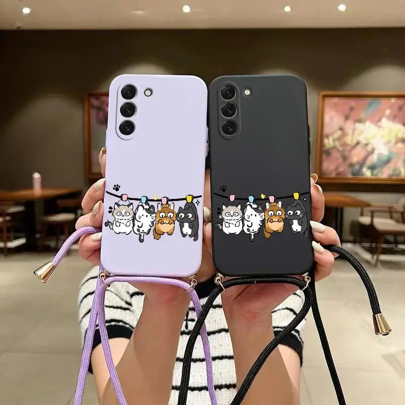 S23 Four Little Cat Lanyard Silicone Phone Case For Samsung S23 S24 S23FE S24Plus S23Ultra S22 S23Plus S22Plus S20 S21FE Cover