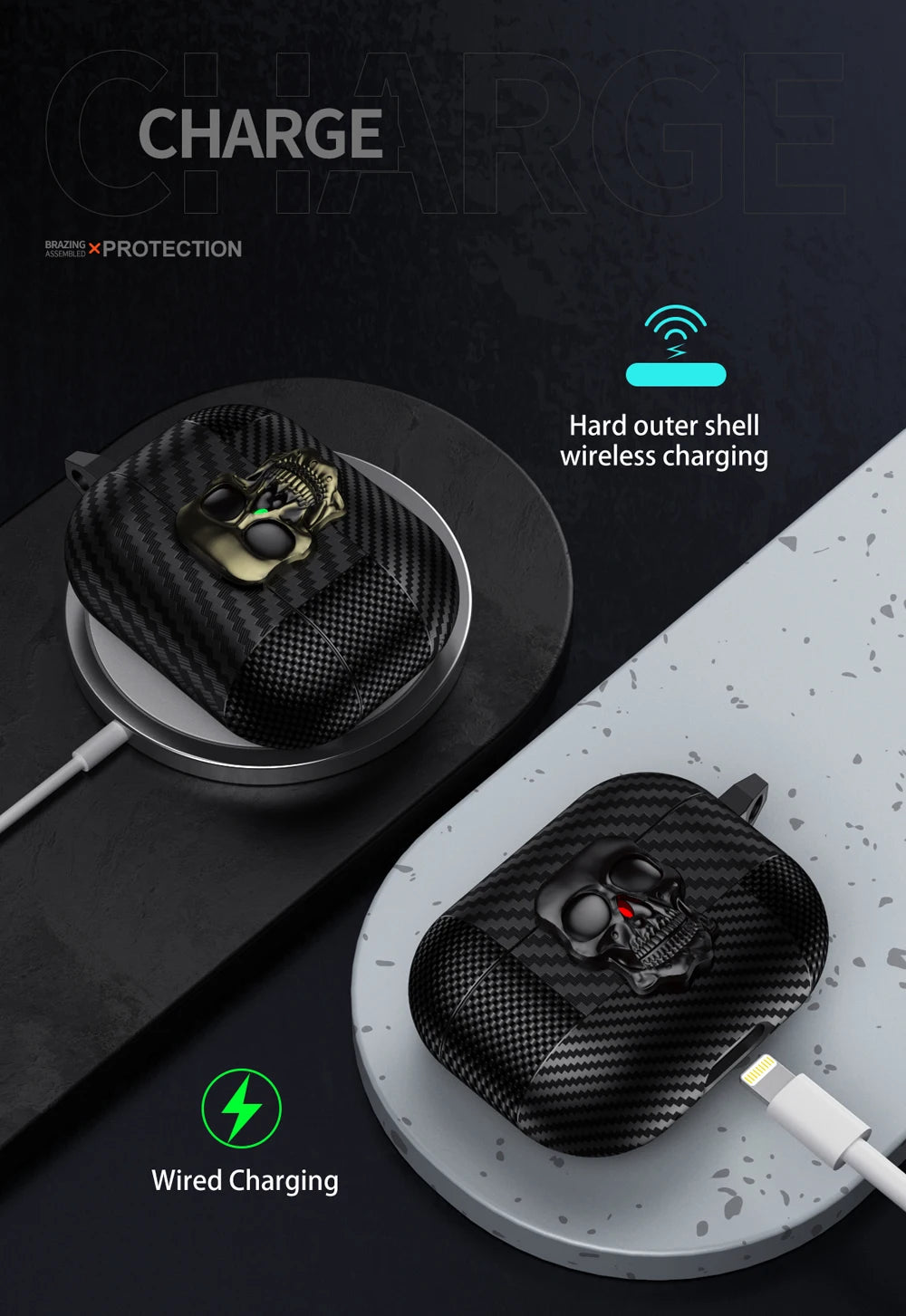 New Earphone Protector Case For Airpods Pro 2 3 4 ANC Cover With Carabiner Rotating Skull Secure Lock Clip Headphone Cases Funda