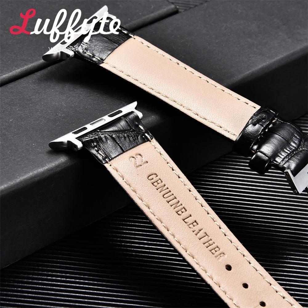 Bamboo Patterned Genuine Leather Strap for Apple Watch Ultra 8 7 SE 6 5 4 3 2 1 Business Watchband 38 40 41mm 42 44 45 49mm