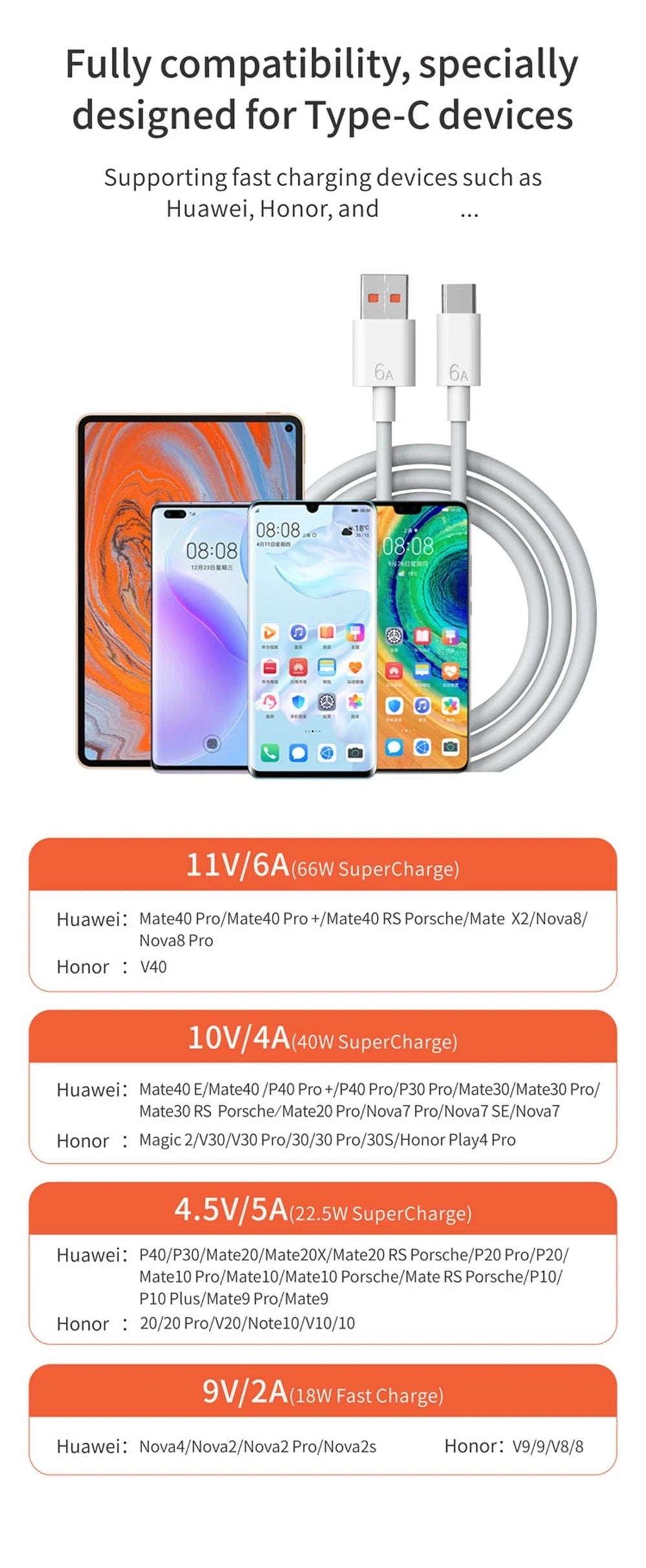 USB Fast Charger 66W Fast Charging QC3.0 EU/US Plug Wall Adapter 6A USB To Type C Cable For Huawei Mate 50 60 Nova 10 Honor 100