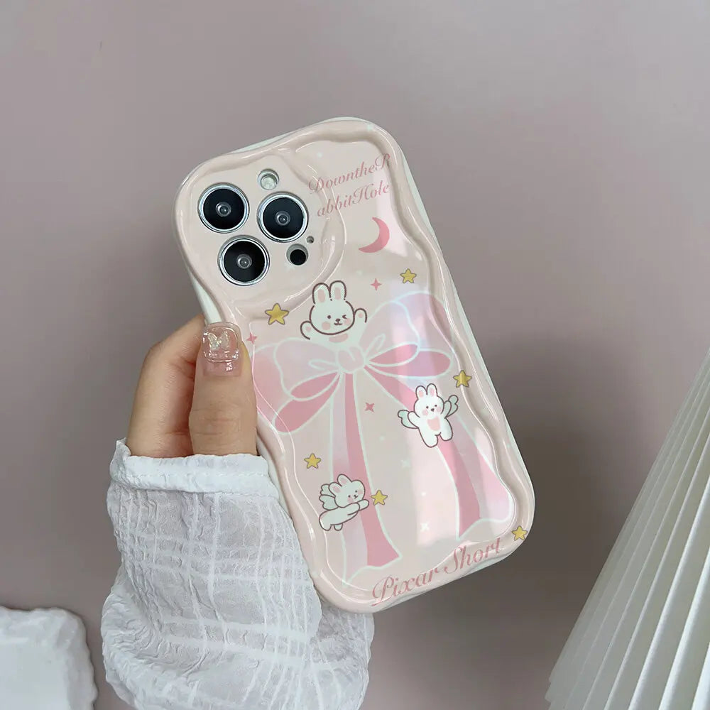Cute Sweet Bow Bear Case For Samsung Galaxy S25 Ultra S22 S21 S20 Plus S21FE S20FE S25FE A31 Cartoon Silicone Wave Side Cover