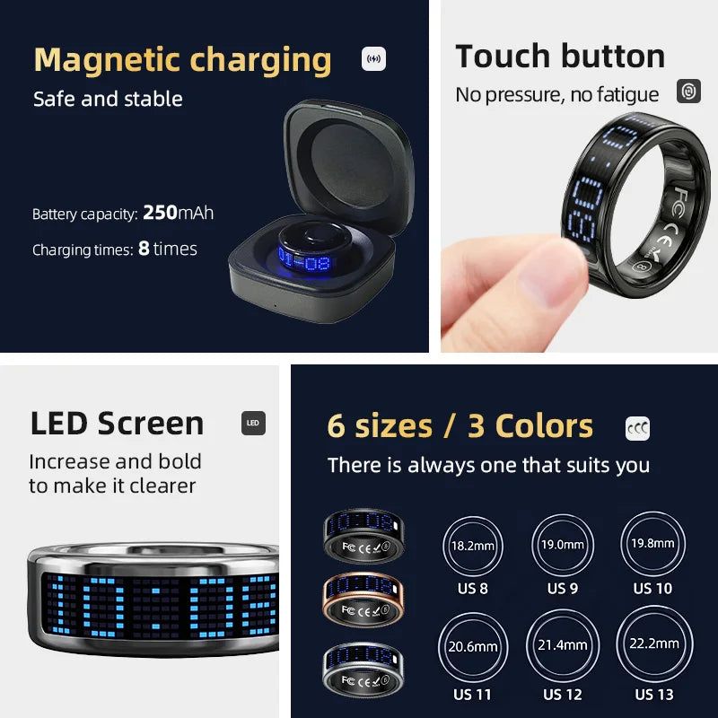 SQ666 Smart Zikr Tasbeeh Steel Ring with Magnetic Charging Case LED Display Comprehensive Health Monitoring Gift