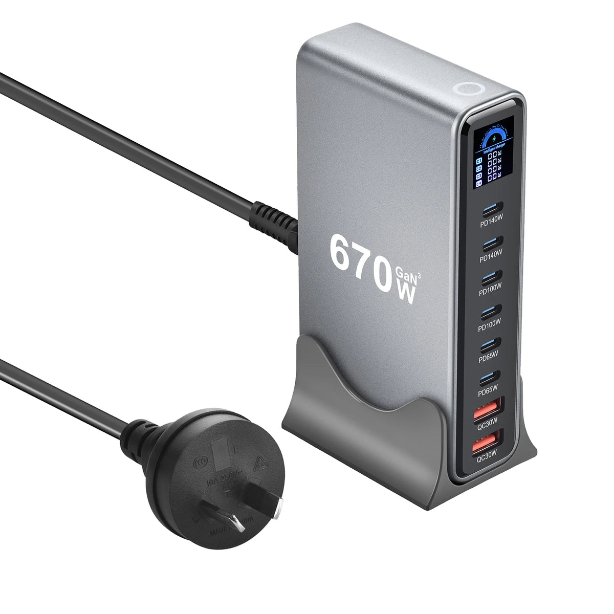 670W GaN Fast Charging Desktop Charger with Display 140W USB-C Port 8-Port Station for Phones And Tablets