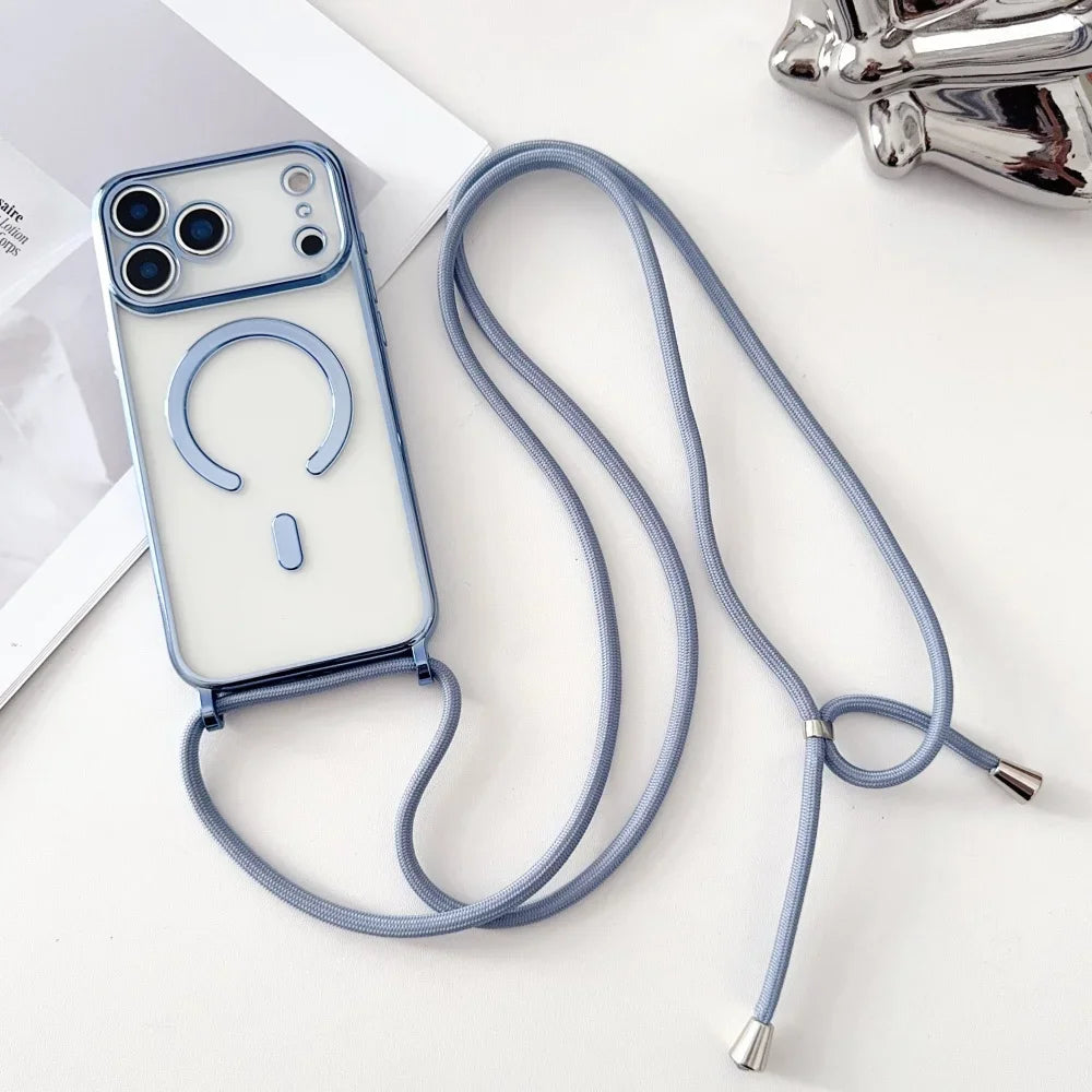 Luxury Necklace Cord Rope Lanyard Plating Magnetic Clear Phone Case For iPhone 17 Air 16 14 12 13 15 Pro Max For Magsafe Cover