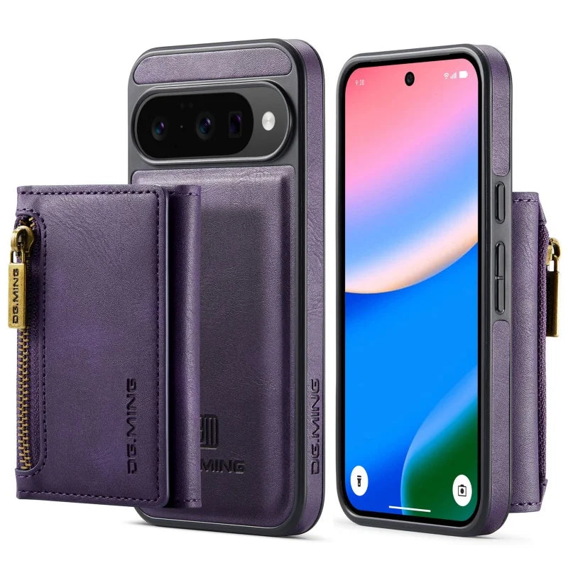 DG.MING Zipper Leather Wallet Phone Case for Google Pixel 10 Pro XL Pro 9 8 2 IN 1 Detachable Card Holder Funda Cover Hoesje Bag