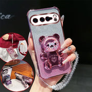4 Corner Shockproof Phone Case with Cute 3D Bear Stand Crystal Chain Lanyard Glitter For Google Pixel 9 8 10 7 Pro XL Back Cover