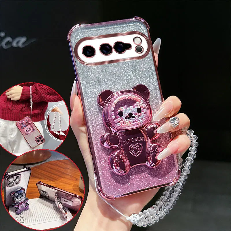 4 Corner Shockproof Phone Case with Cute 3D Bear Stand Crystal Chain Lanyard Glitter For Google Pixel 9 8 10 7 Pro XL Back Cover