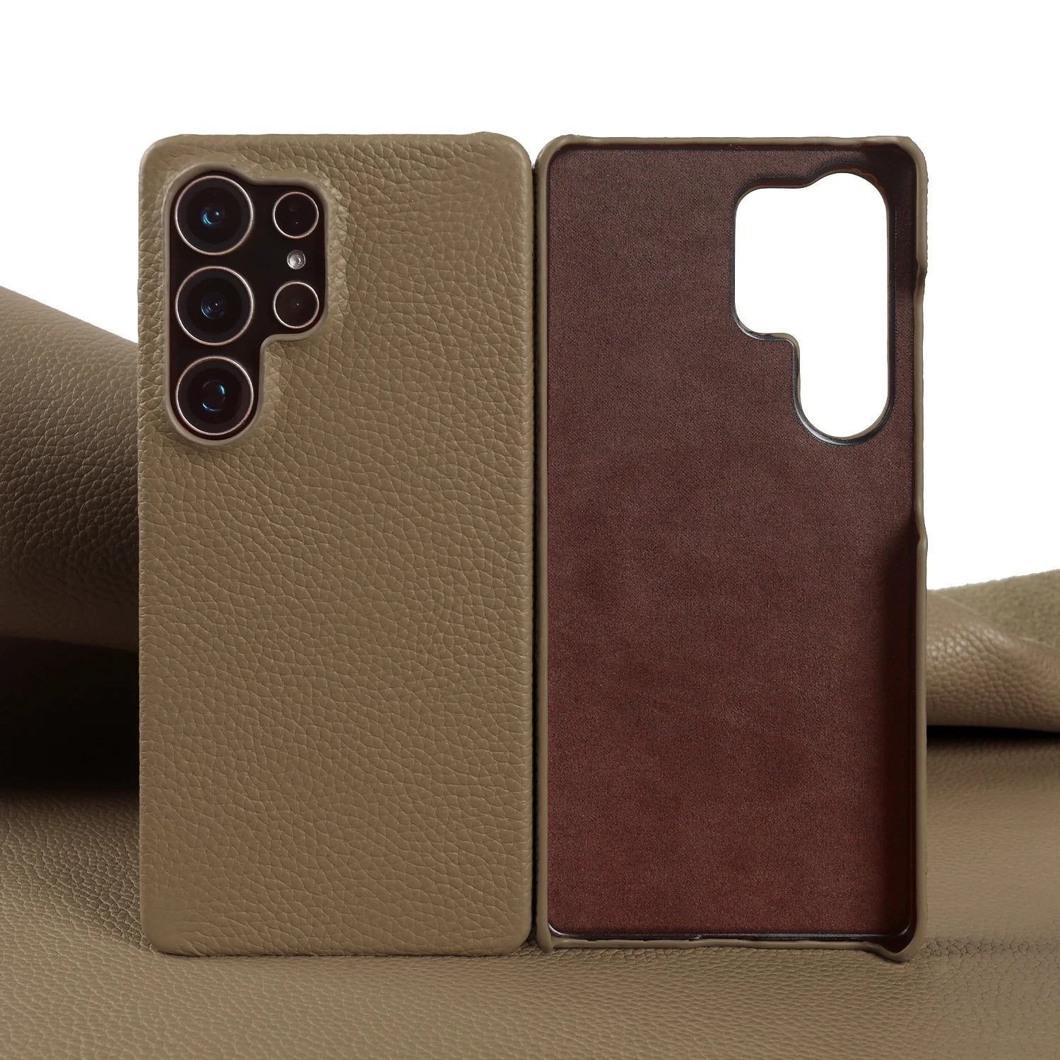 Lychee Grain Genuine Leather Case For Samsung Galaxy S25 Ultra S24 FE S23 Plus S22 S21 Ultra Phone Case Half Wrapped Back Cover