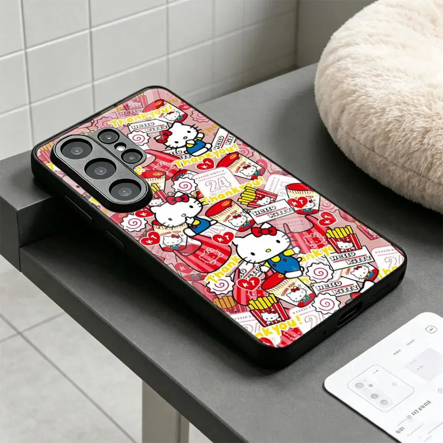 Phone Cover Glass Case for Samsung Galaxy S26 Ultra S25+ S23+ S23 FE S20 S21 S22 25 Edge 24 Plus S26+ S24+ Cute Sanrio Hello