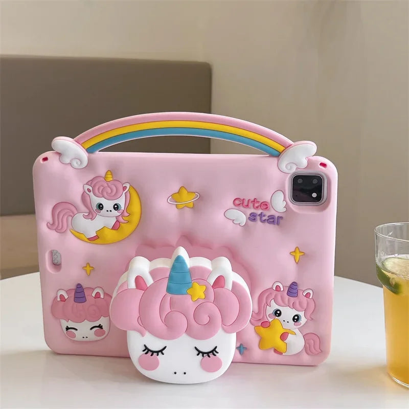 Kids Silicone Case For New iPad A16 11th/10th Generation iPad Air11 M3 M2 Mini Air 7 6 5 4 Pro11 M4 Cartoon Unicorn Holder Funda