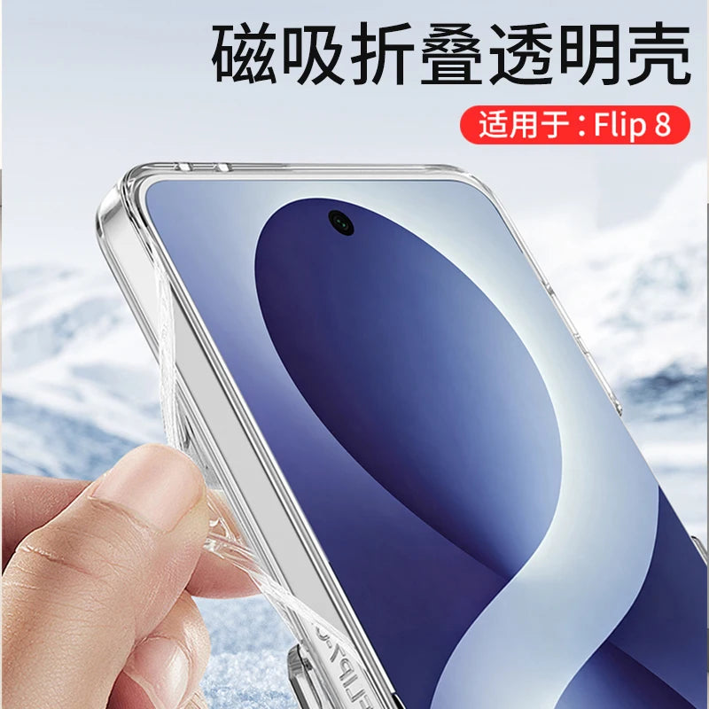 For Samsung Galaxy Z Flip 8 Case Transparent Magnetic Wireless Charging Hinge With Mirror Film Shockproof Back Cover Accessories