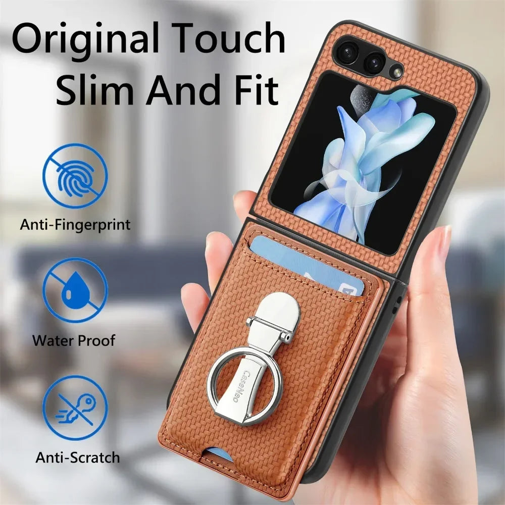 Luxury Ring Stand Leather Phone Case for Samsung Galaxy Z Flip 8 Flip 7 6 5 4 3 Flip7 FE Wallet Card Slot Shockproof Cover