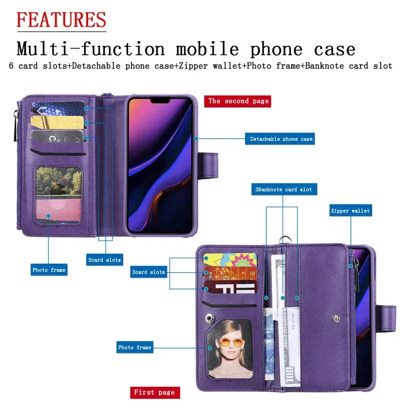 Magnet Detachable Wallet Case For iPhone 16e 15 Pro Max 14 13 Mini 12 11 SE3 SE2 XR 8 7 Plus Leather Card Slots Handbag Cover