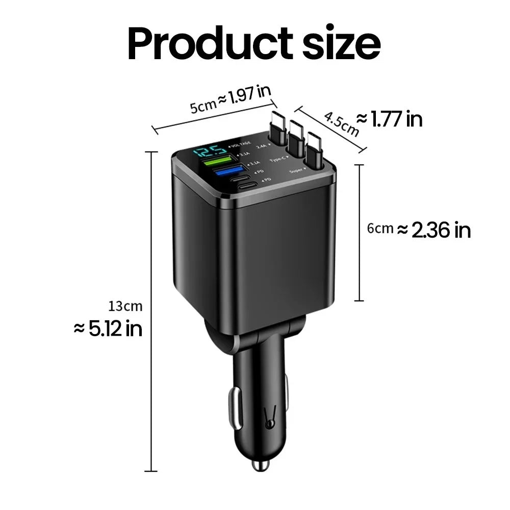 7 in 1 Car Charger Retractable USB C Cable Dual Type C Port Fast Charging Phone Adapter for iPhone Phone Car Cigarette Lighter