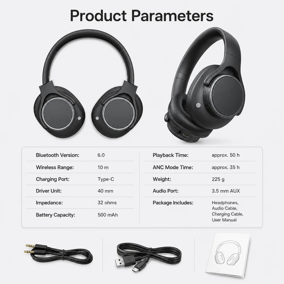 Wireless Headphones Bluetooth 6.0 ANC (Active Noise Cancelling) 40mm Drivers 50H Playtime Rotating Volume Dial Over-Ear Audio