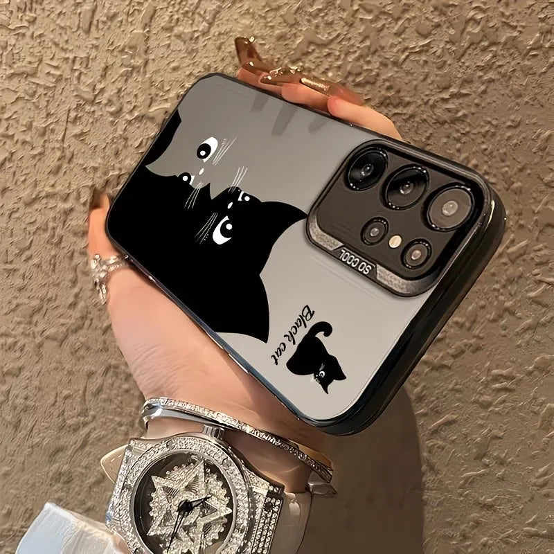 Cute Black Cat Print Color Silver Gradient Phone Case For Samsung Galaxy A73 A72 A71 A56 A555 A54 A53 A52 A51 A50 PC+TPU Cover