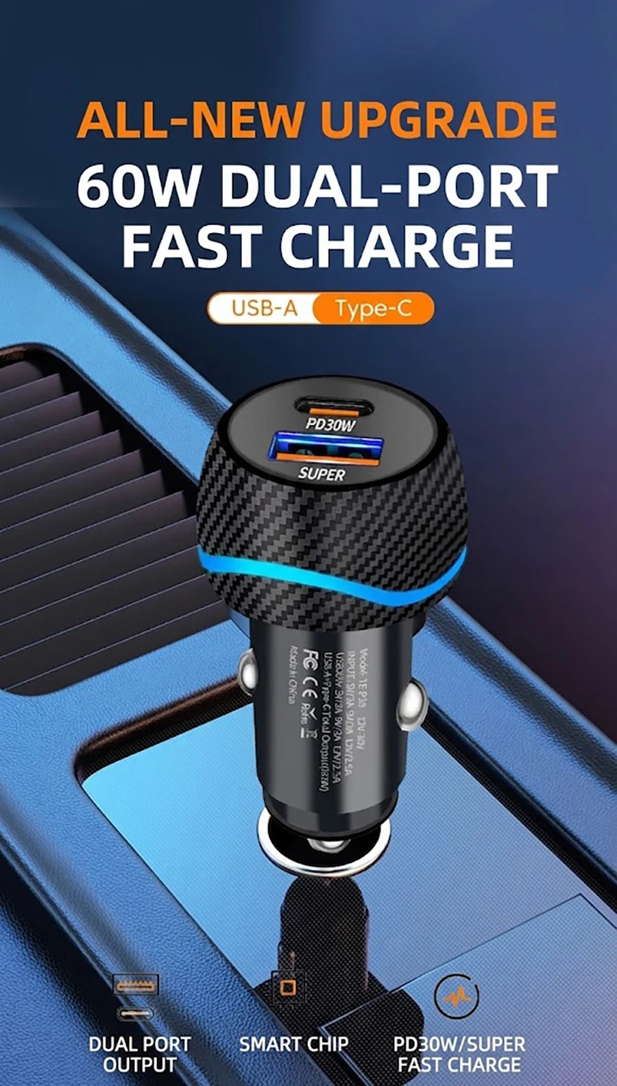 60W Dual Port Car Charger Carbon Fiber Style USB C PD 30W QC 30W Fast Charging Auto Cigarette Lighter For iPhone For Samsung