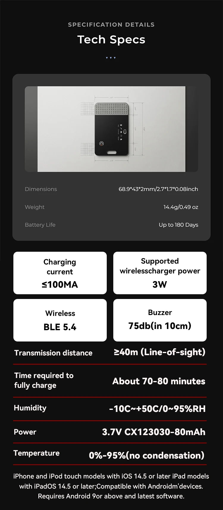 Ultra Thin Smart Tracking Card Wallet Tracker Rechargeable Dual System Item Finder for Apple Find My & Android Find Hub Device