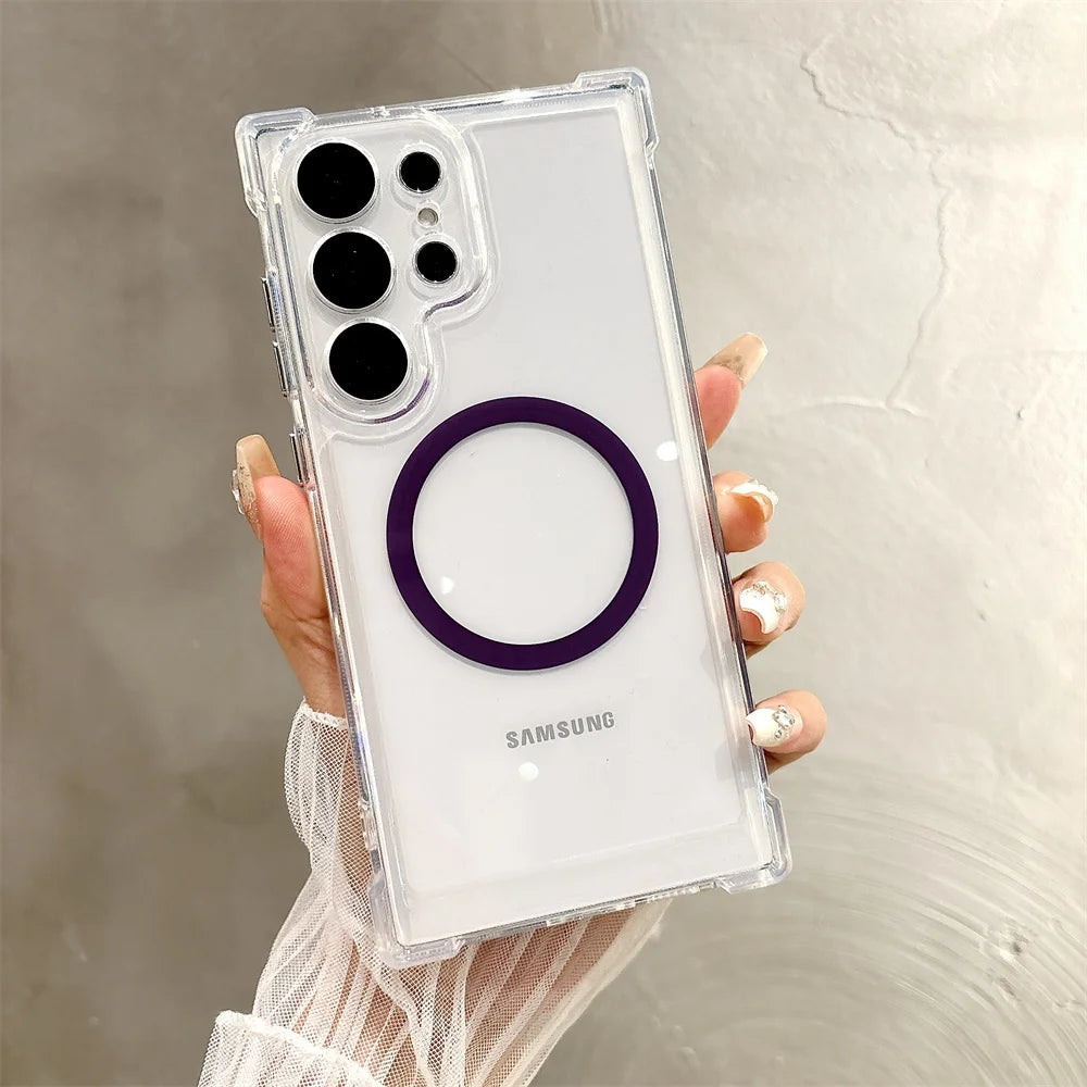 Transparent Armour Magnetic Case For Samsung S26 S25 S23 S24 Plus S21 S22 Ultra Corners Reinforced Shockproof Protection Cover