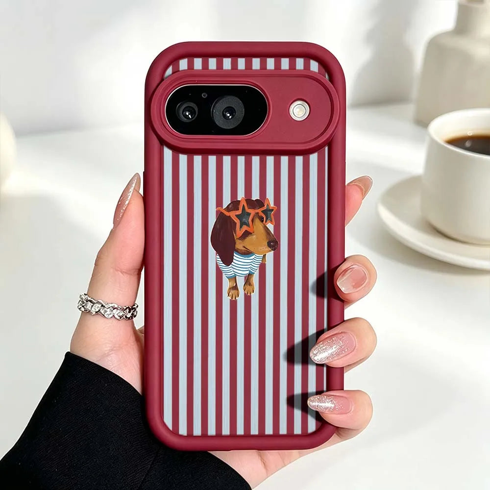 Cute Striped Dachshund Cover For Google Pixel 10 9 8 7 9a 8a 7a Pro XL Eye Ladder Phone Case