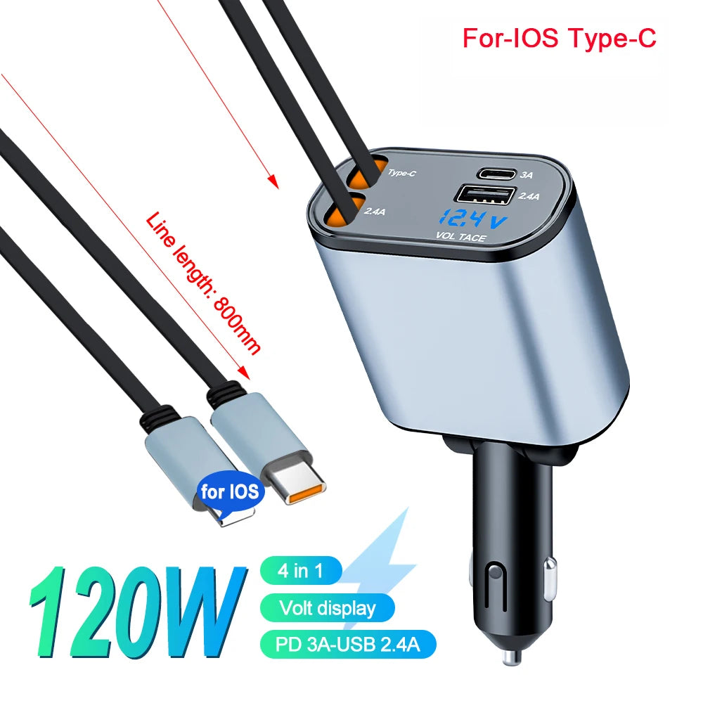 4-in-1 Car Charger with 2 Retractable Cable 120W Fast Charger Power Adapter Car Charger With Starlight For IOS Android Phones