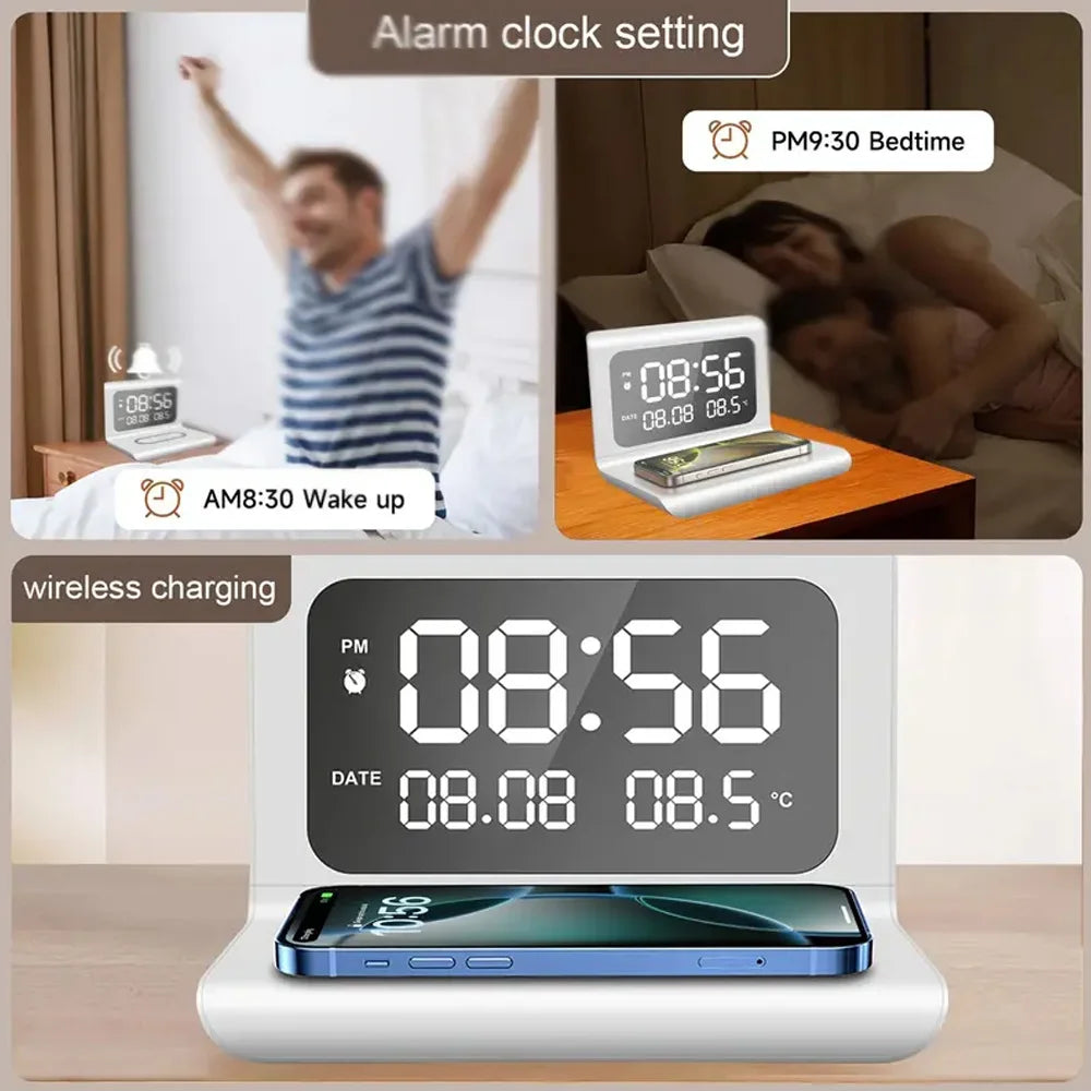 30W  Wireless Charger Stand with Alarm Clock & Thermometer | Compatible with iPhone 17-11/X, SamsungS25  , Xiaomi & All Qi Phone