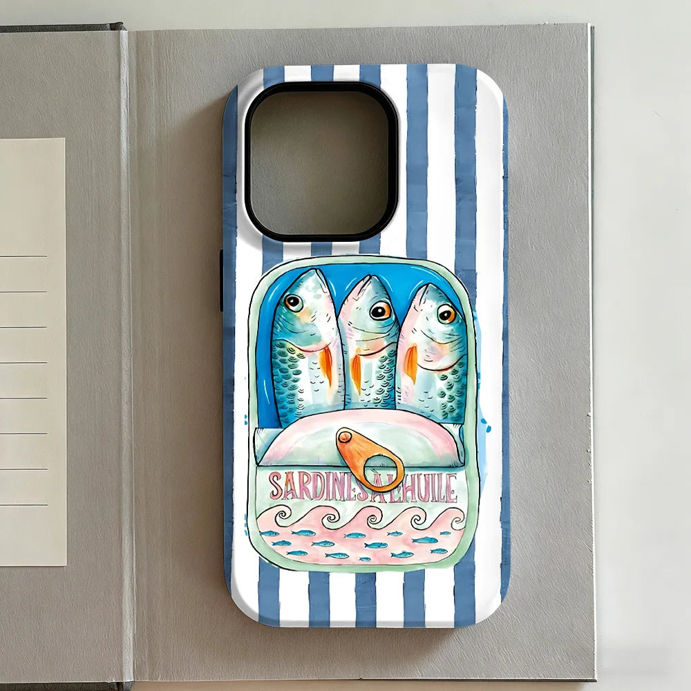 Striped Canned Fish Phone Case for iPhone 17 16e 16 15 14 13 12 11 X XS XR XSMAX 7 8 Air Pro Max Plus Luxury Double-layer