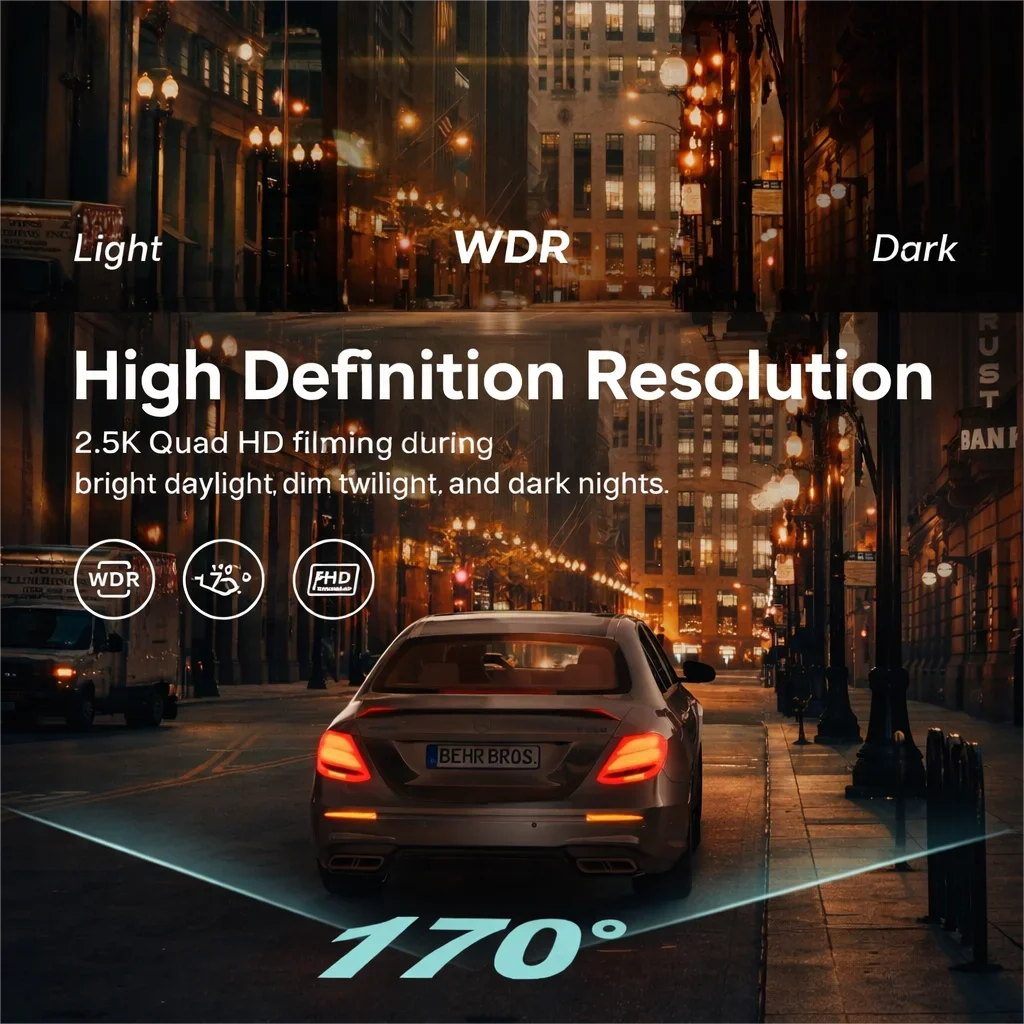 2.5K HD Front and Rear Cameras Dash Cam, 3” IPS, Night Vision, 1440P QHD, 170° Wide Angle, G-Sensor, 24H Parking Mode, Type C