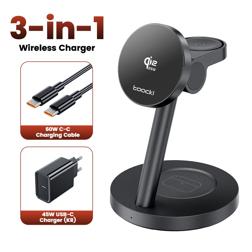 Toocki 3-in-1 Magnetic Wireless Charger 25W Qi2.2 Fast Charging Desktop Wireless Stand For iPhone 15 16 17 Apple Watch Earbuds