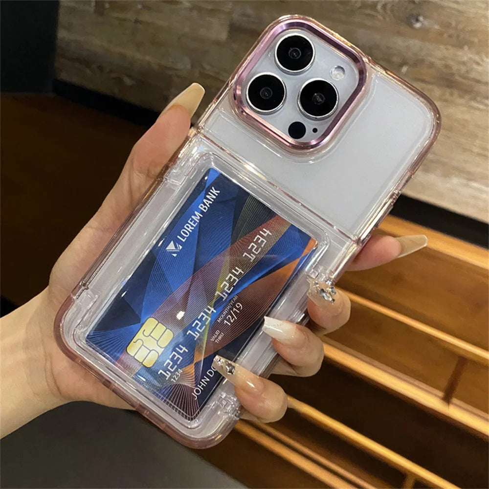Transparent Card Slot Bag Holder Phone Case For iPhone17 Air 15 14 13 11 12 16 17ProMax Shockproof Protection Hard Acrylic Cover