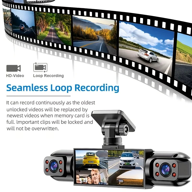BCUOZ 4-Lens 360° Dashcam, 1080P Front + 720P Built-in Rear Left and Right car cameras, Super night vision, Loop recording, G-Sensor, WDR, 12-24V car plug power supply,Optional 64GB memory card.