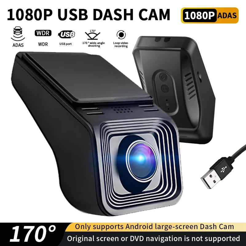 ADAS USB Car DVR Dash Cam 1080P HD for Android Navigation 170° Wide Angle ADAS Intelligent Assistance Driving Recorder