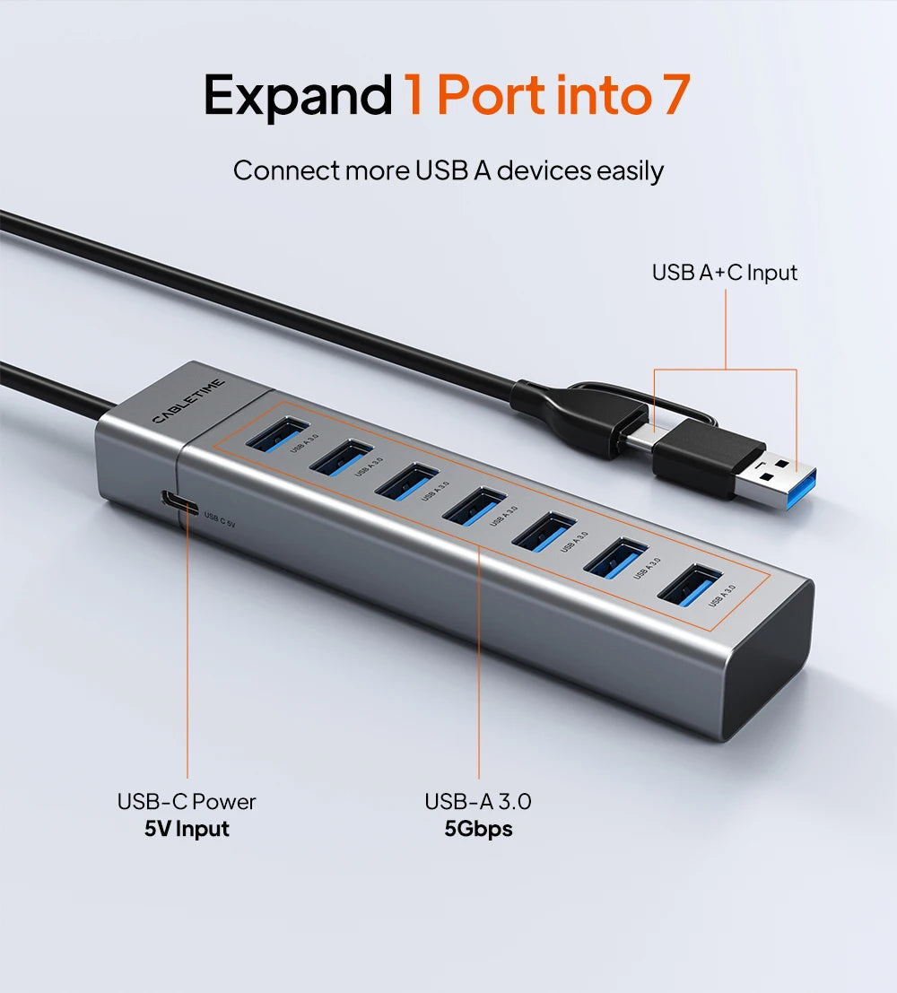 CABLETIME 7 IN 1 USB A Hub USB C HUB USB 3.0 5Gbps Fast Data Transfer Aluminum Durable Shell for Laptop Mac TV Hard Drive C HUB
