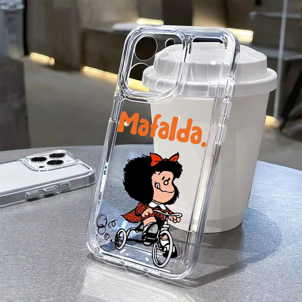 Cartoon Bow Mafaldas Phone Case For iPhone 17 16 16e 15 14 13 12 11 Mini Pro Max X XR XSMax 7 8 Air Plus Transparent Back Cover