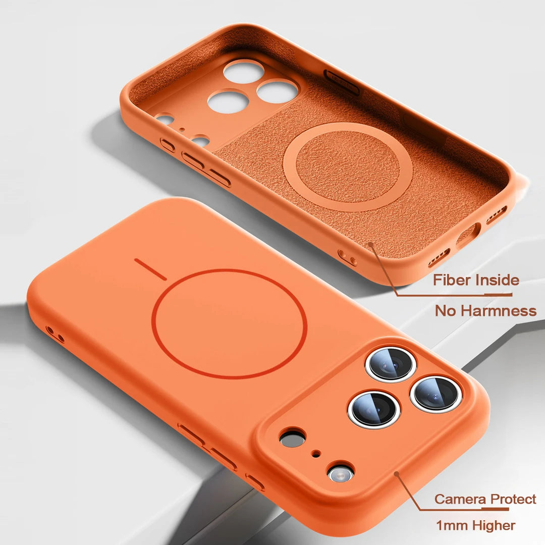 Orange Liquid Silicone for Magsafe Case for iPhone 17 Pro Max 17 Air Soft Magnetic Charing Cover for iPhone 13 14 15 16 Pro Max