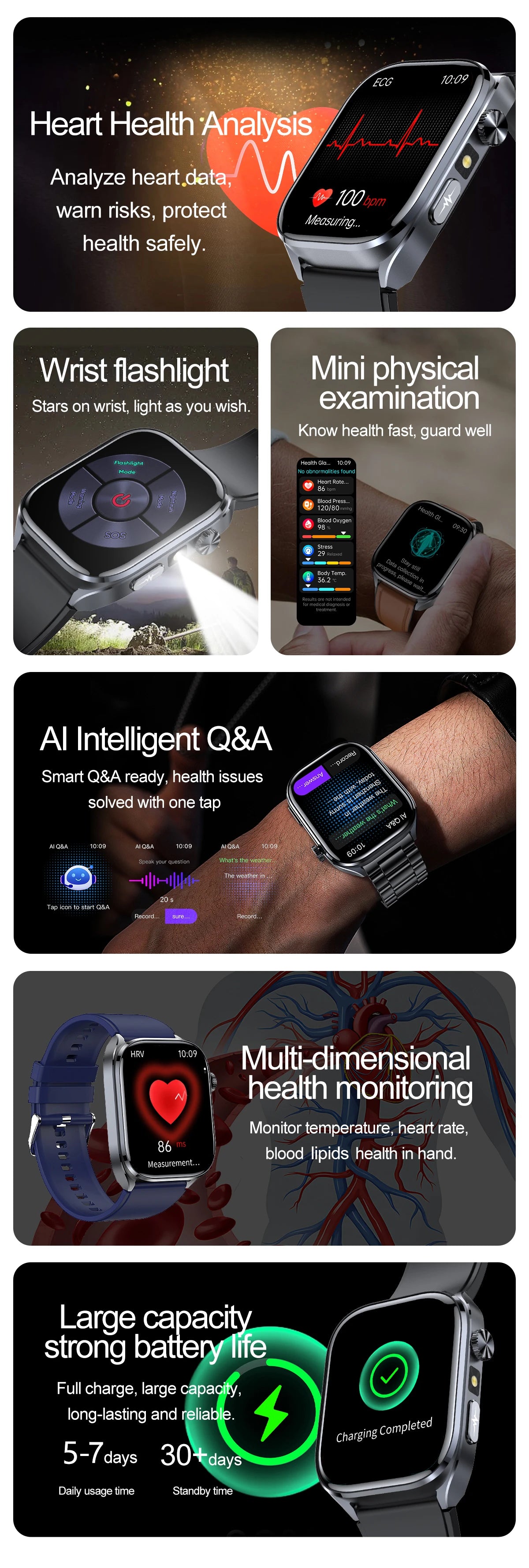 2026 New Accurate ECG Smart Watch Heart Health Analysis Blood analysis Blood Lipid Blood Pressure BT call Smart Watches For Men