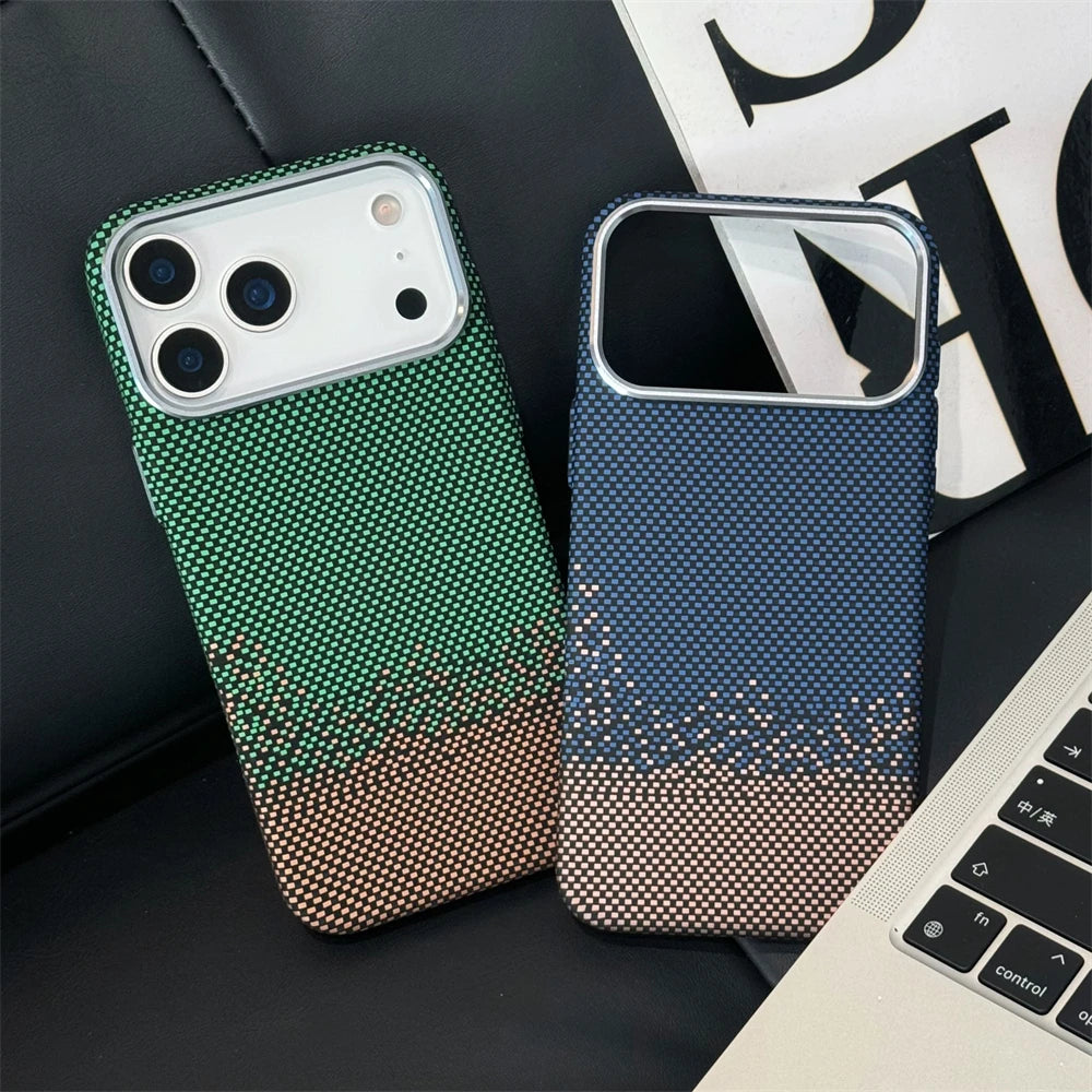 Luxury Kelvar Carbon Fiber Colorful Case for iPhone 17 16 15 14  13 Pro Max Metal Lens Frame Ultra Thin Hard Shockproof Cover